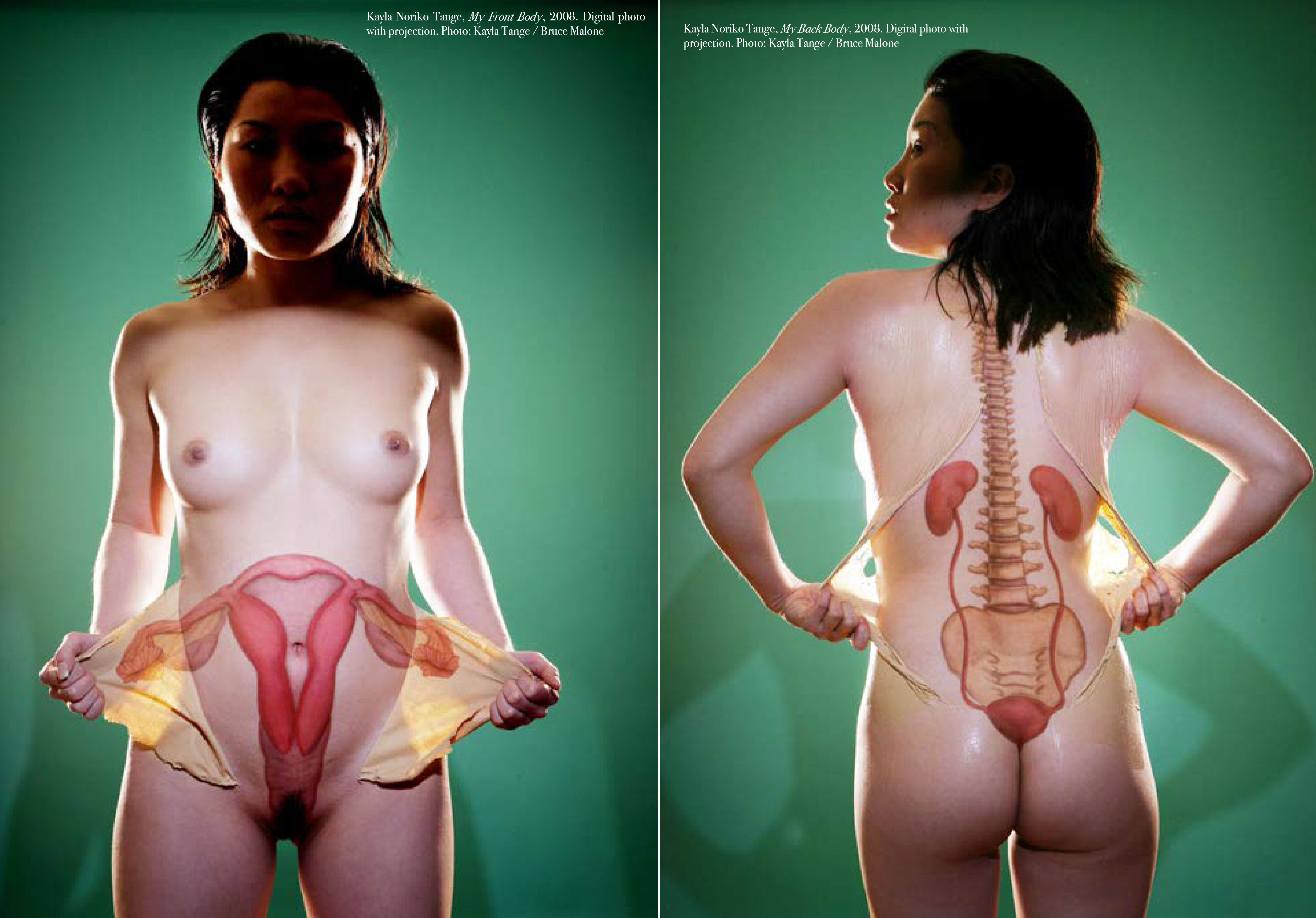 Page left: Against a green backdrop, the artist poses so that the front of her nude body is visible from the thighs up. Her face is cast in shadow. With both hands, she peels fake skin away from each side of her abdomen to reveal a pink anatomical drawing of a reproductive system, including the vaginal canal, uterus, fallopian tubes, and ovaries. Page right: Against a green backdrop, the artist poses so that the back of her nude body is visible from the thighs up. Her face is cast in shadow and visible in profile. With each hand, she peels a panel of fake skin away from each side of her back at the waist, revealing an anatomical drawing of a spine, pelvis, kidneys, and bladder.