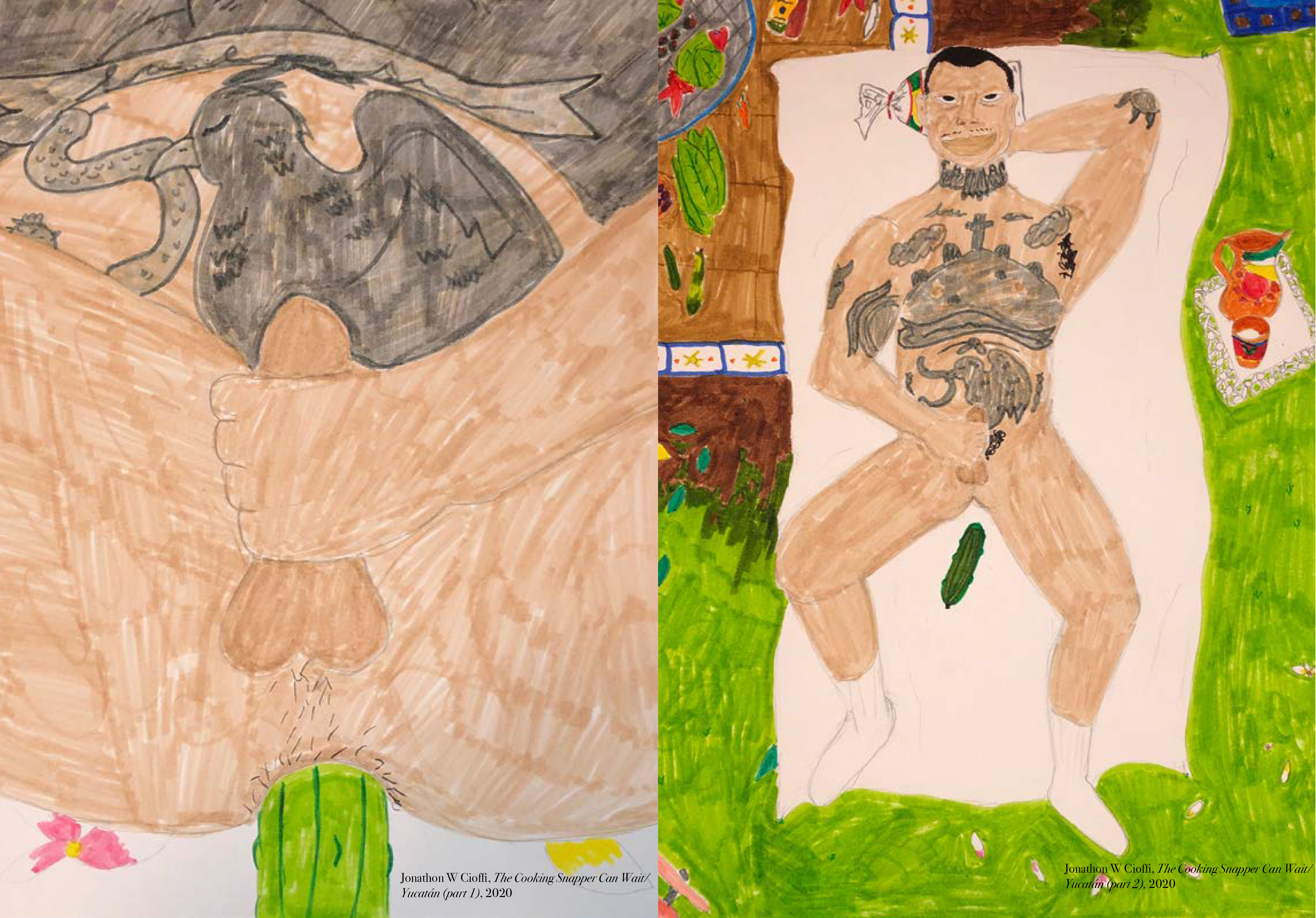 Page left: In this drawing, between a pair of spreadeagled thighs, a hand encircles an erect penis while a green pickle is inserted into the anus. The drawing is composed with bold-colored, thick-tipped markers. Page right: In this drawing, a nude man is lying down on a white sheet. There is an orange pitcher and glass by his side. Some vegetables and assorted produce are on his other side. The tattoo on his chest is of a graveyard. The tattoo on his stomach is of a bird with a snake in its mouth. His left arm supports their head while the right arm encircles an erect penis. A green pickle is positioned between the legs near the anus. The drawing is composed with bold-colored, thick-tipped markers.